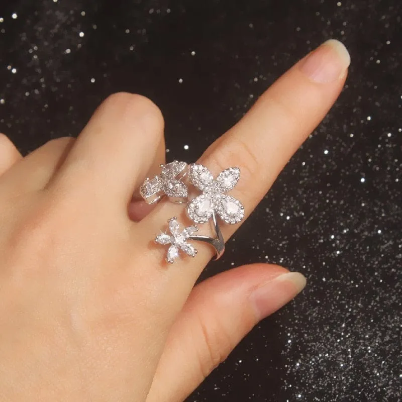 Zircon Butterfly Ring Luxury Shiny Cocktail Party Rings For Women