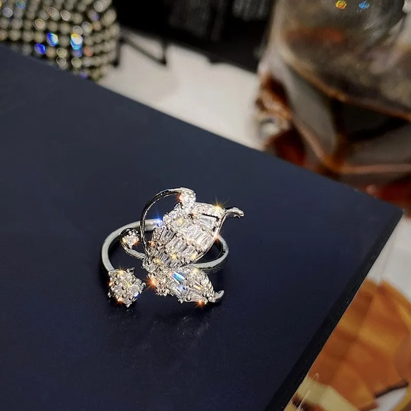 Zircon Butterfly Ring Luxury Shiny Cocktail Party Rings For Women
