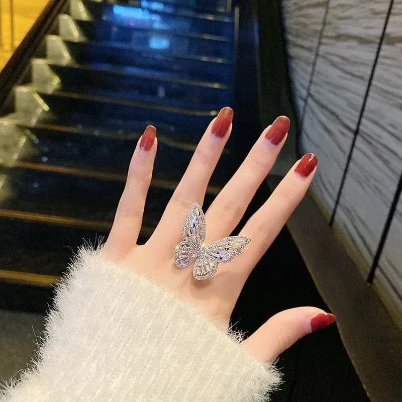 Zircon Butterfly Ring Luxury Shiny Cocktail Party Rings For Women