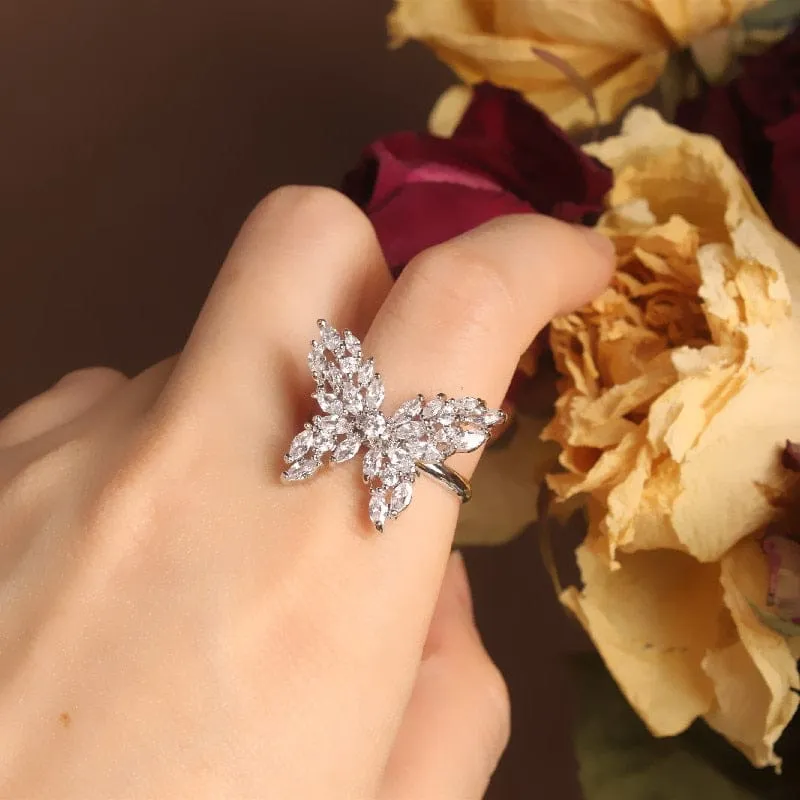 Zircon Butterfly Ring Luxury Shiny Cocktail Party Rings For Women