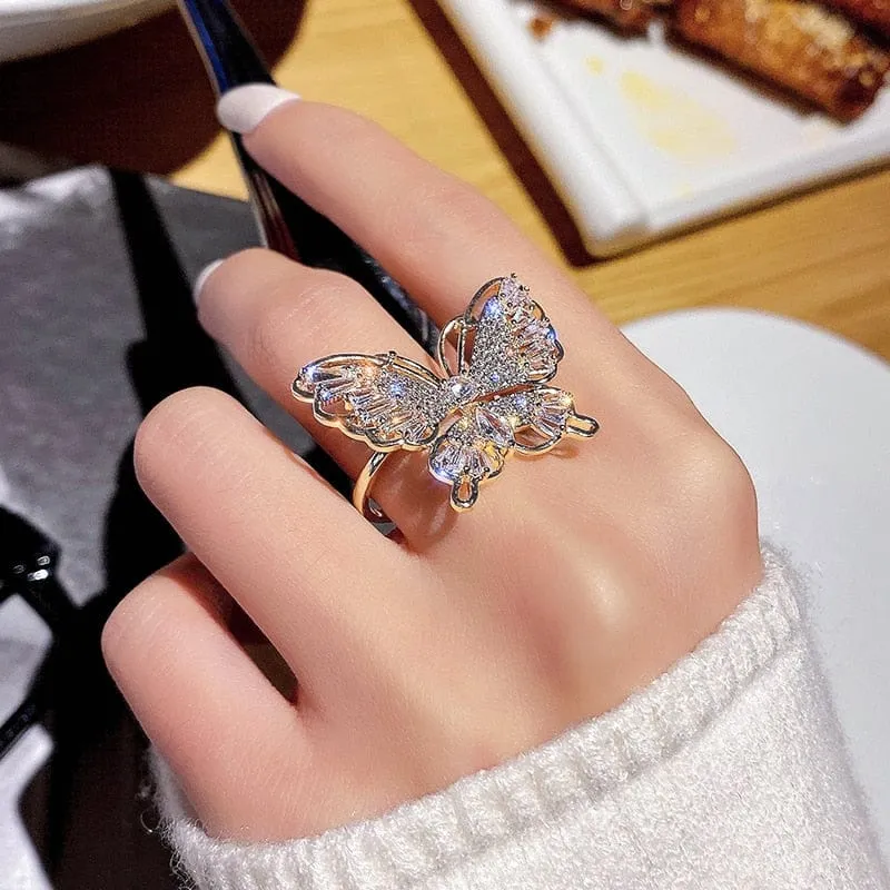 Zircon Butterfly Ring Luxury Shiny Cocktail Party Rings For Women