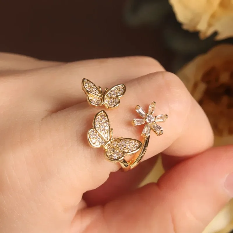 Zircon Butterfly Ring Luxury Shiny Cocktail Party Rings For Women