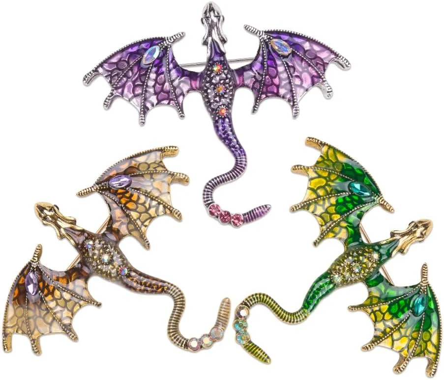 ZORZA Vintage Enamel Dragon Brooch Pin Rhinestone Pterosaur Flying Dragon Brooch Cartoon Style Animal Brooch Personalized Wings Dragon Badge for Hats Collars and Bags