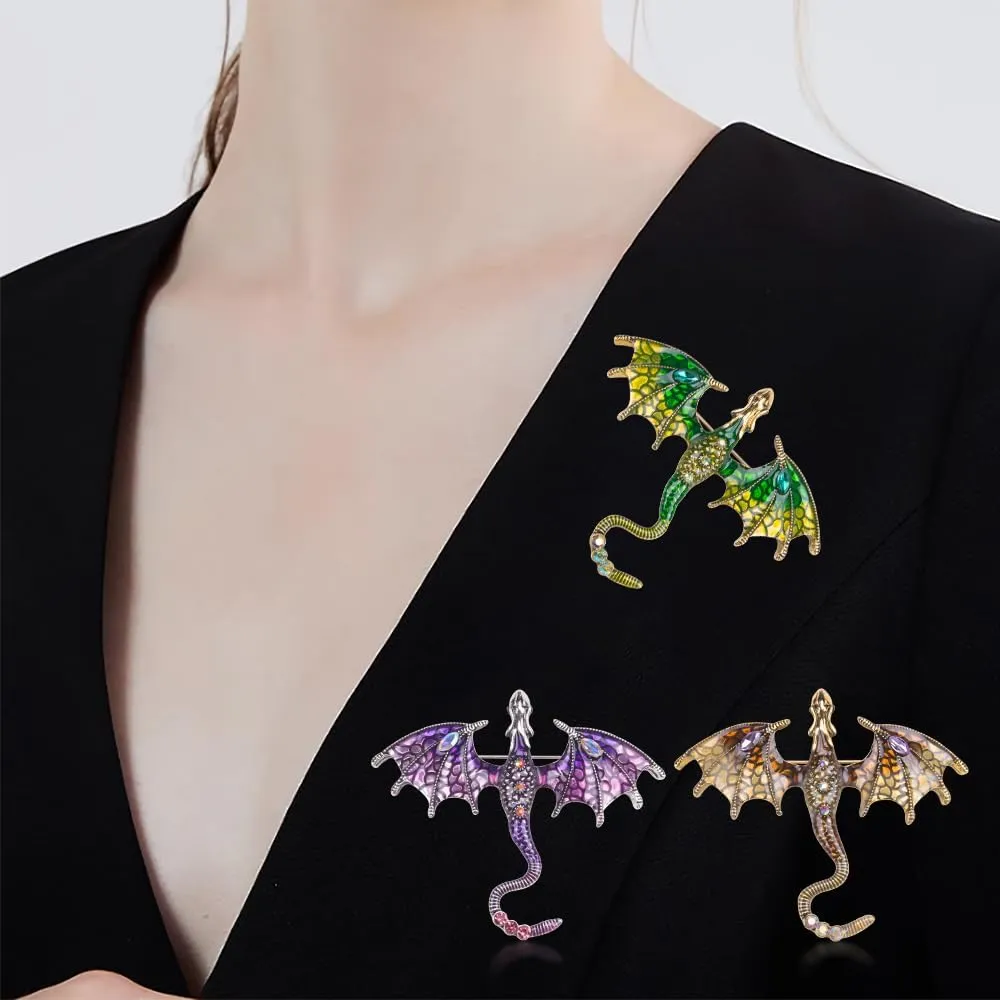 ZORZA Vintage Enamel Dragon Brooch Pin Rhinestone Pterosaur Flying Dragon Brooch Cartoon Style Animal Brooch Personalized Wings Dragon Badge for Hats Collars and Bags